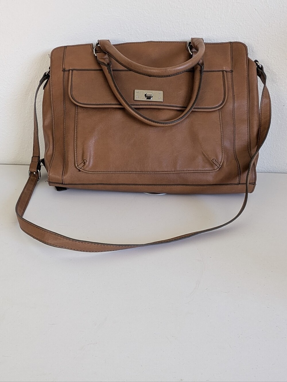 Merona Cognac Brown Faux Leather Satchel Tote Crossbody Work Laptop Bag
